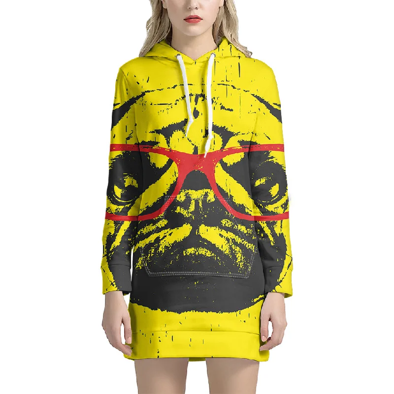 Pug With Glasses Portrait Print Pullover Hoodie Dress