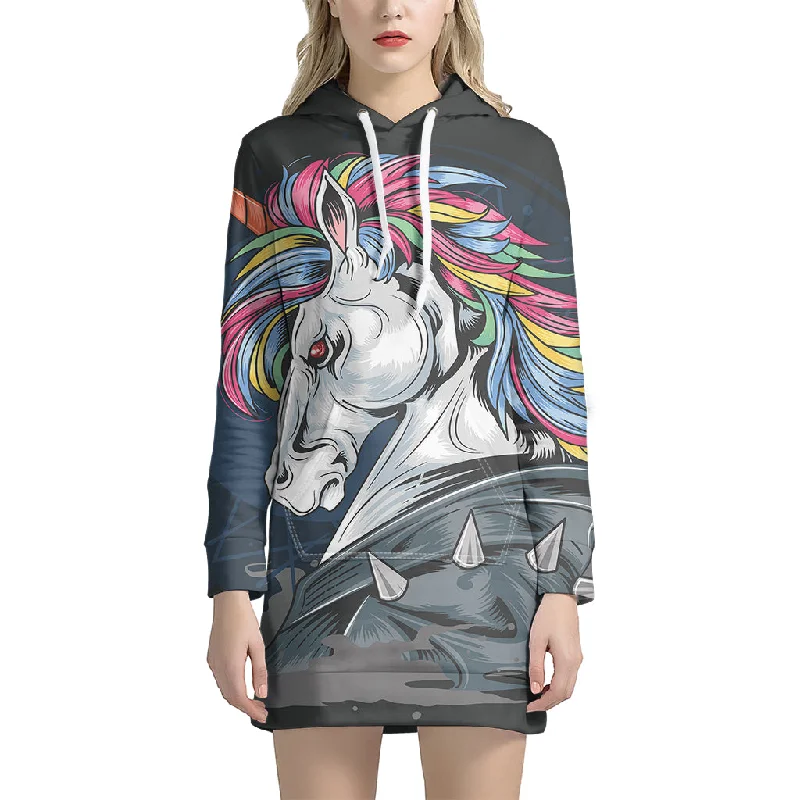 Punk Unicorn Print Pullover Hoodie Dress