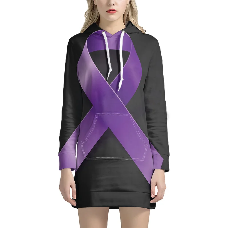 Purple All Cancer Awareness Ribbon Print Pullover Hoodie Dress