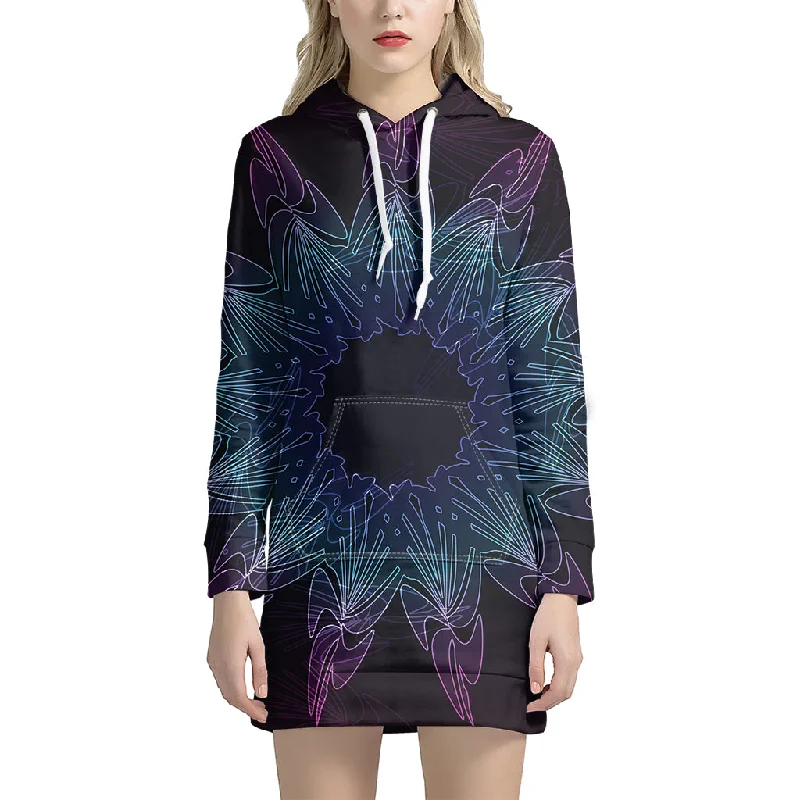 Purple And Teal Dark Mandala Print Pullover Hoodie Dress