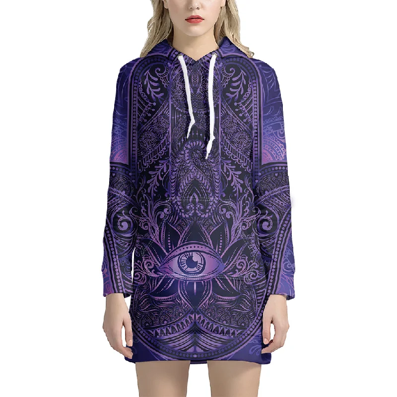 Purple Hamsa Hand Print Pullover Hoodie Dress