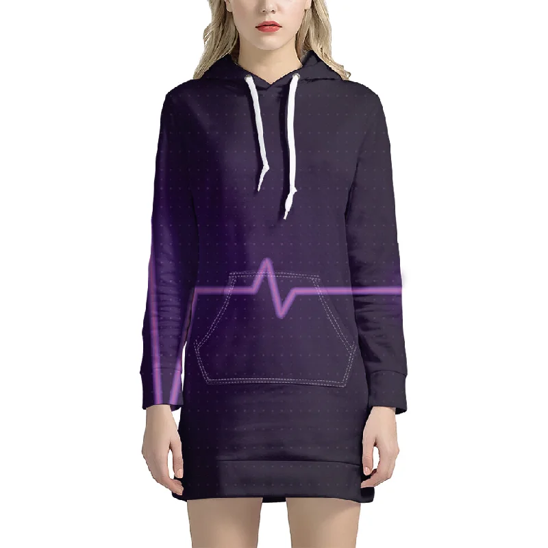 Purple Heartbeat Print Pullover Hoodie Dress