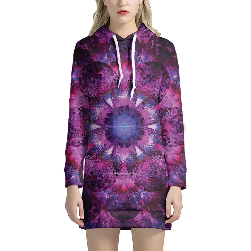 Purple Mandala Flower Print Pullover Hoodie Dress