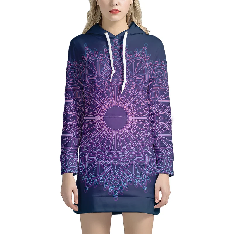 Purple Trippy Mandala Print Pullover Hoodie Dress