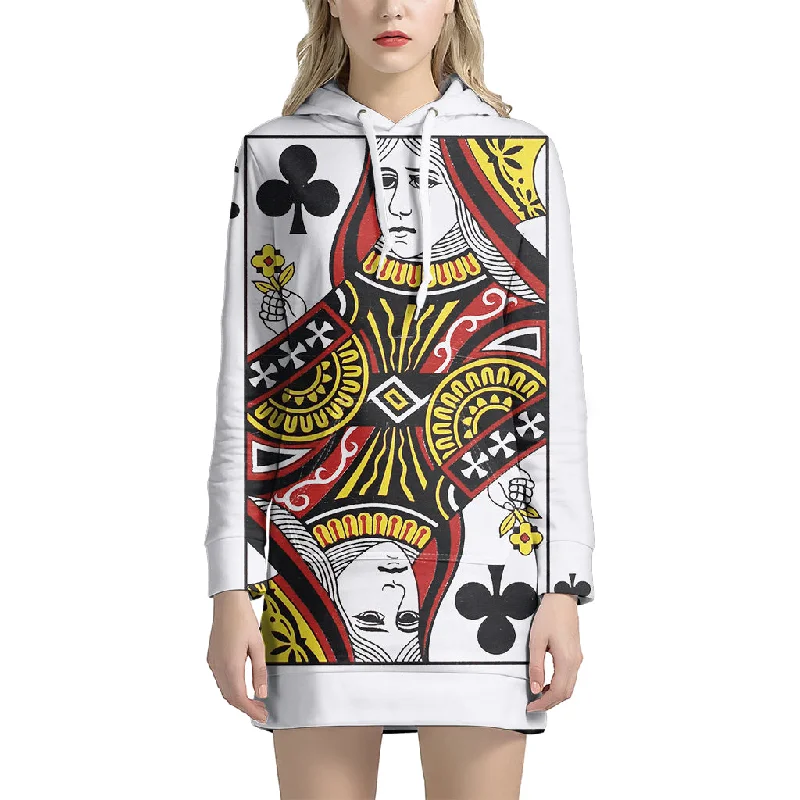 Queen Of Clubs Playing Card Print Pullover Hoodie Dress