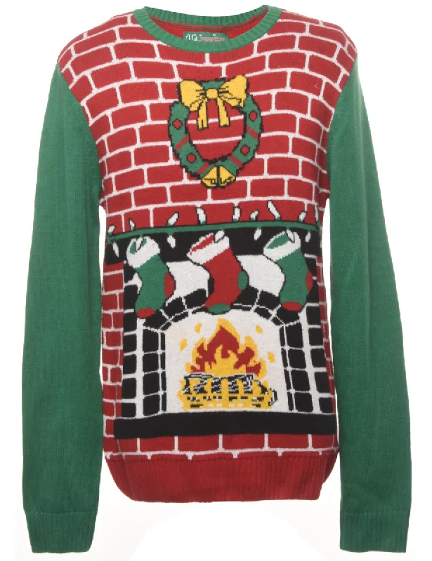 Red Christmas Jumper - M Ribbed Striped Patterned