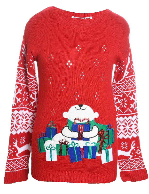 Red Christmas Jumper - M Plaid Sweater Polka Dot Checkered