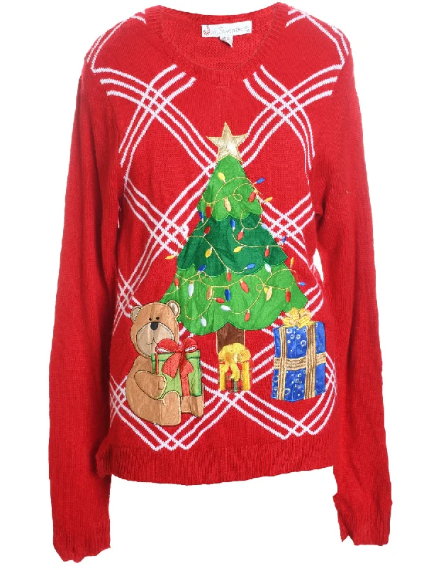 Red Embroidered & Applique Design Christmas Jumper - M Elegant Classic Vintage