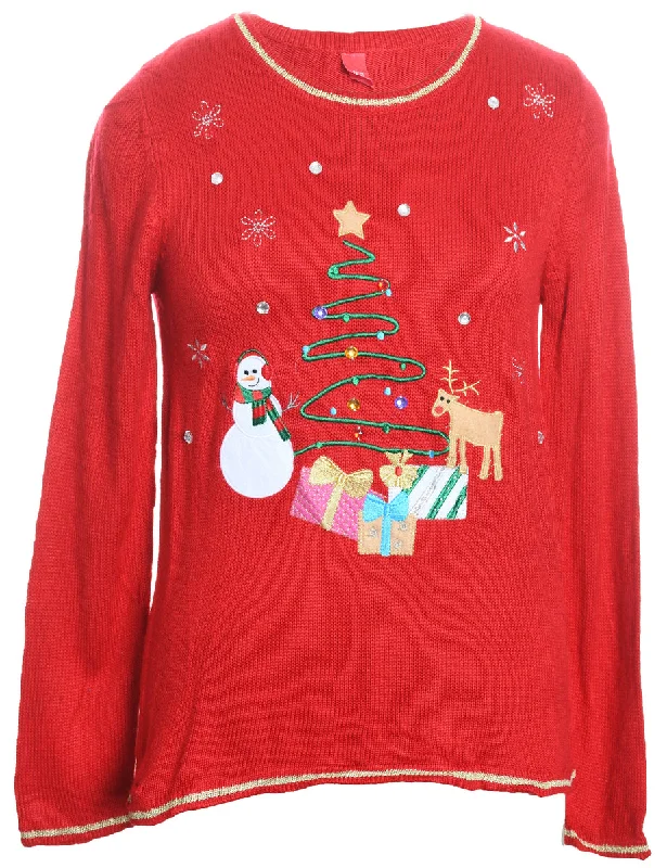 Red Embroidered Christmas Jumper - S Faux Fur Fabric Real Fur Fabric Shearling Fabric