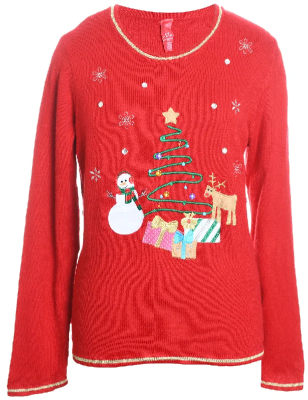 Red Embroidered Christmas Tree Design Jumper - L Terry Terry Cloth Terry Knit