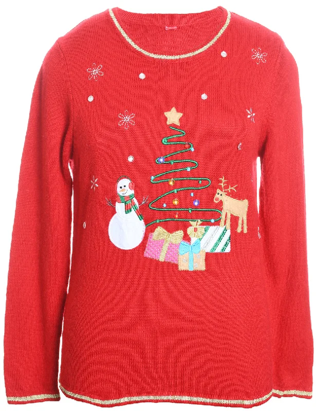 Red Embroidered Christmas Tree Design Jumper - M Faux Fur Fabric Real Fur Fabric Shearling Fabric