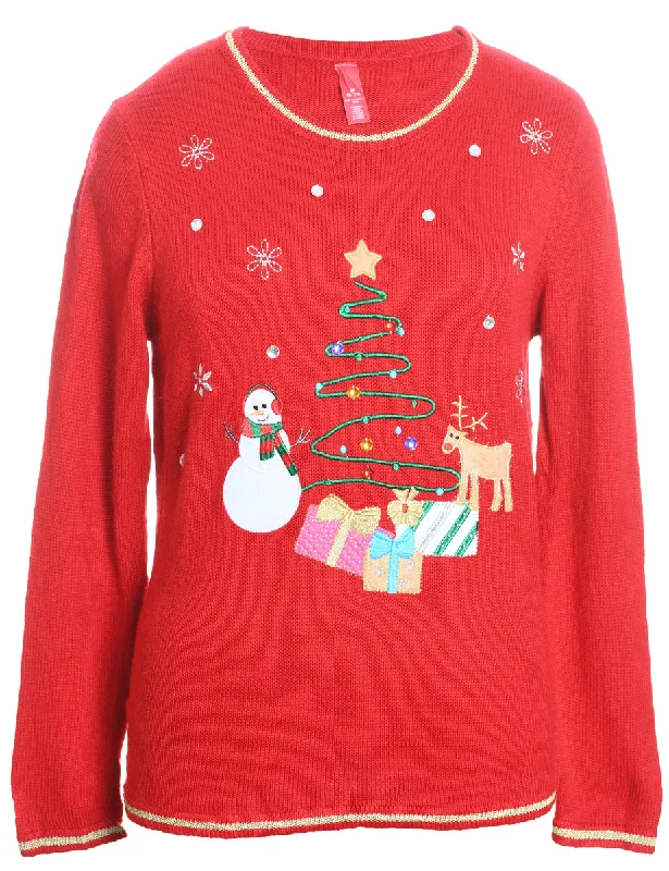 Red Embroidered Knit Christmas Jumper - M Soft Cozy Warm