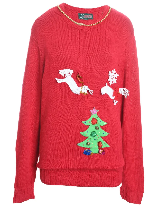 Red Knit Reindeer Design Christmas Jumper - XL Wool Sweater Cotton Sweater Cashmere Sweater