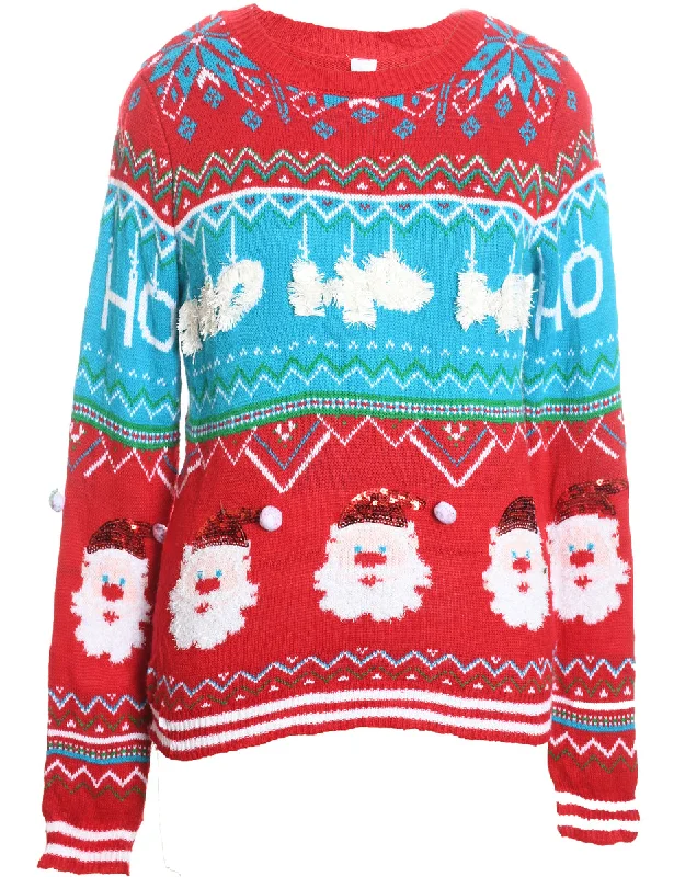 Red & Light Blue Patterned Christmas Jumper - L Polka Dot Checkered Tartan