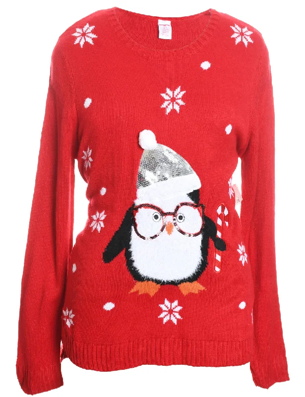 Red Penguin Design Knit Christmas Jumper - L Zippered Buttoned Snapped