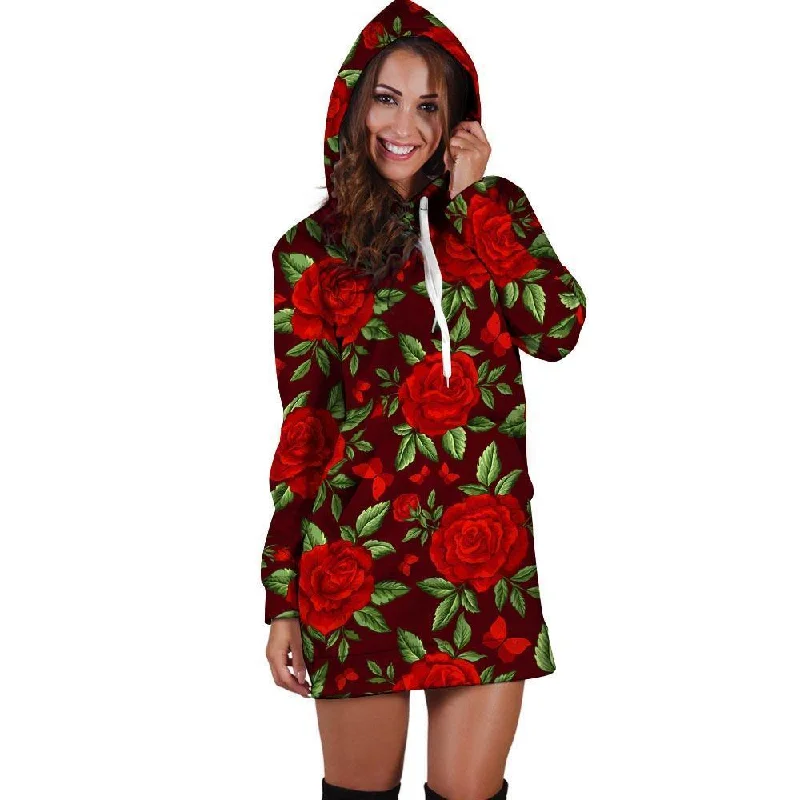 Red Rose Flower Hoodie Dress