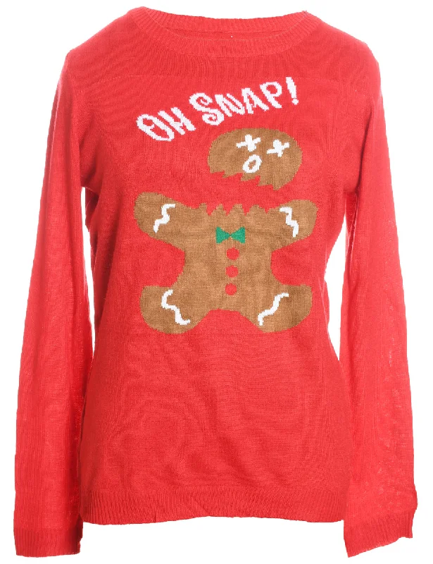 Red & White Knit Gingerbread Design Christmas Jumper - M Ribbed Striped Patterned