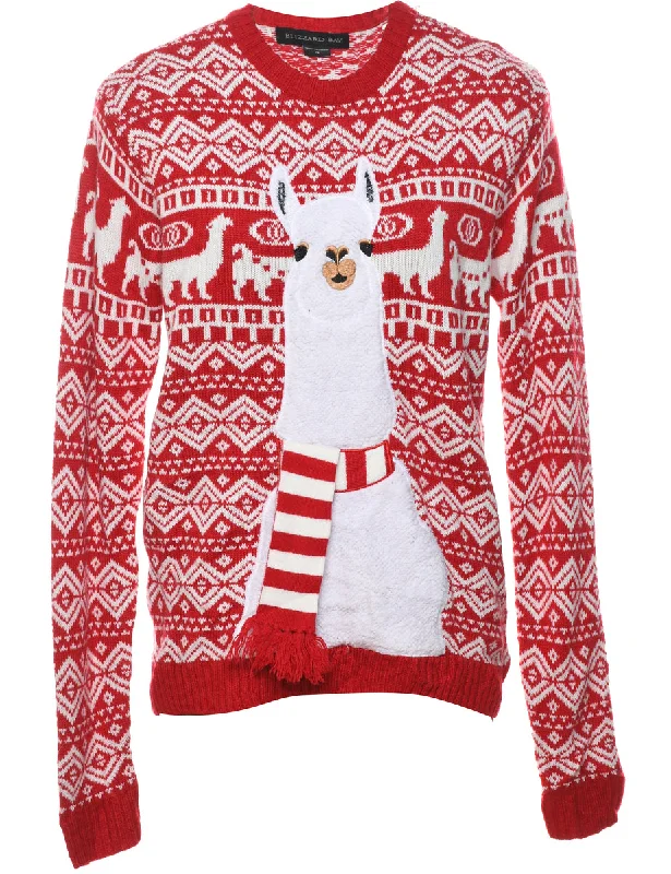 Red & White Llama Design Christmas Jumper - S Beaded Sweater Sequined Faux Fur