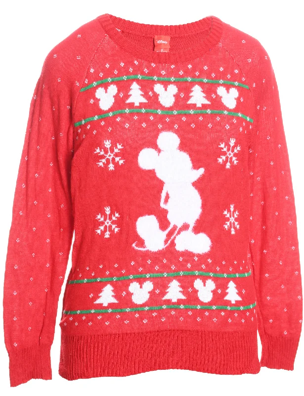 Red & White Mickey Mouse Design Knit Jumper  - S Welt Pockets Slit Pockets Flap Pockets