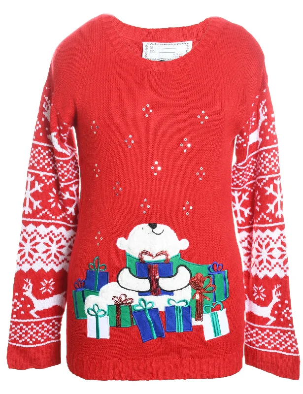Red & White Polar Bear Design Appliqued Christmas Jumper - M Hooded Sweater Collared Sweater Shawl Collar