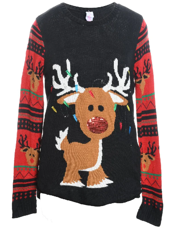 Reindeer Christmas Jumper - L Toggled Drawstring Belted