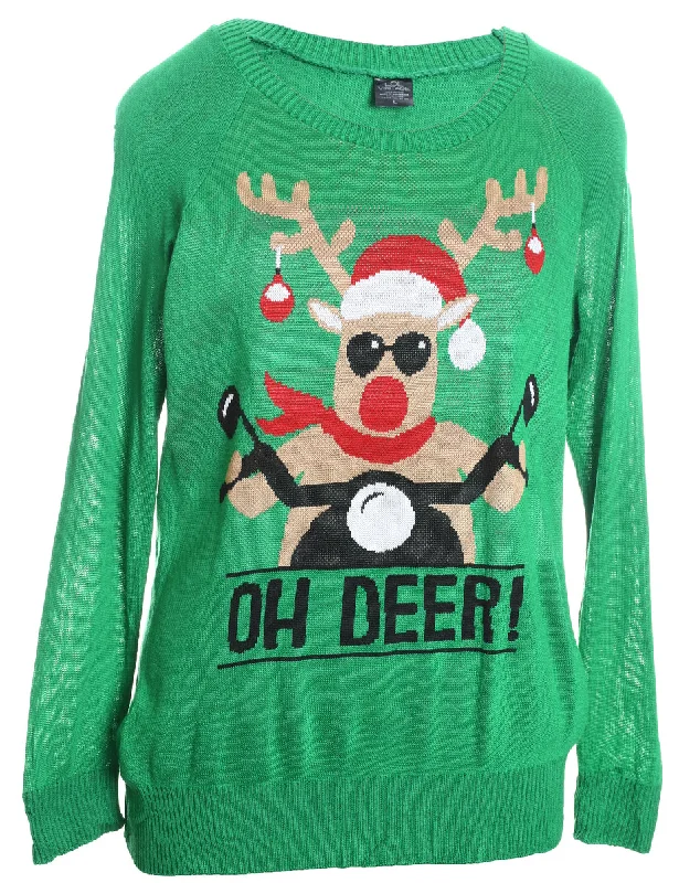 Reindeer Christmas Jumper - L Notch Collar Peter Pan Collar Cowl Neck