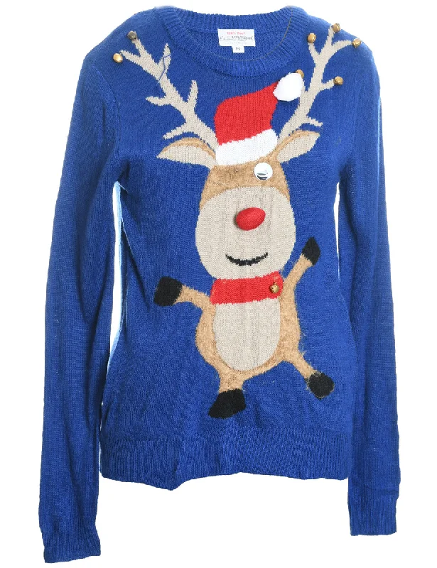 Reindeer Design Blue Knit Christmas Jumper - M Chenille Fabric Brocade Fabric Lace Fabric