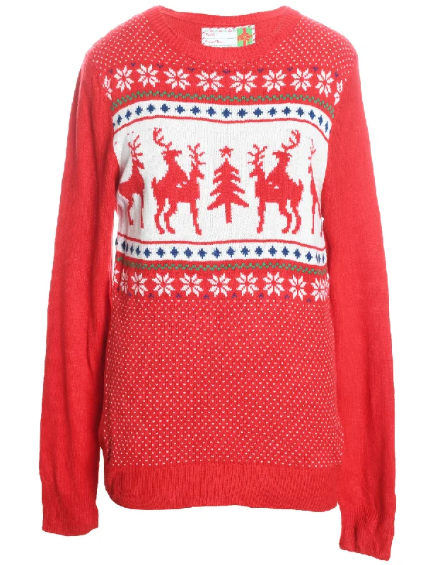 Reindeer Design Knit Nordic Christmas Jumper - S Collared Crew Neck Turtle Neck