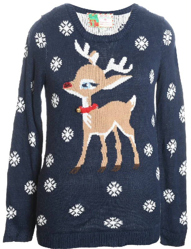 Reindeer Design Navy & White Knit Christmas Jumper - S Rayon Fabric Velvet Fabric Corduroy Fabric