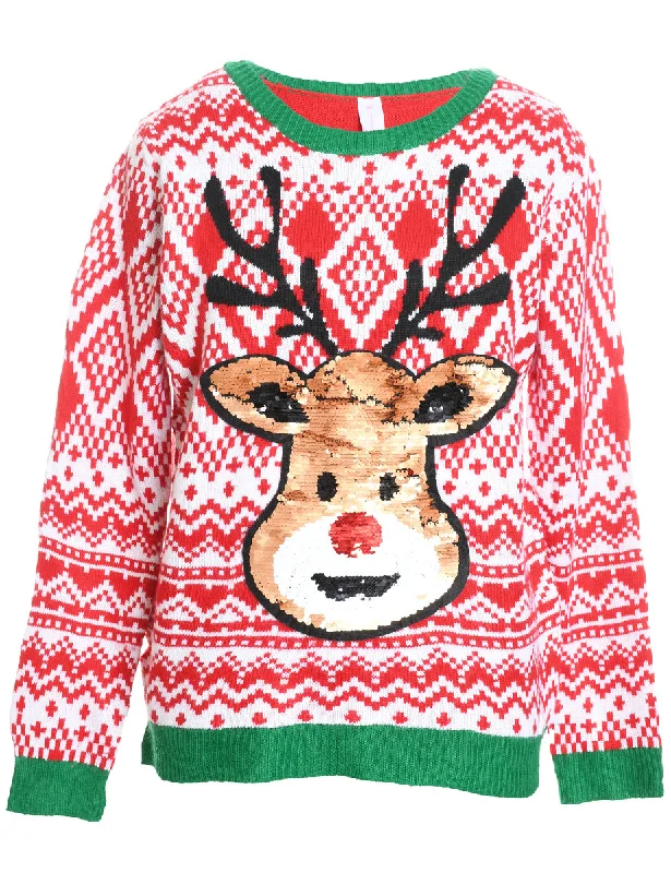Reindeer Design Red & Green Knit Christmas Jumper - XL Slim Fit Regular Fit Oversized