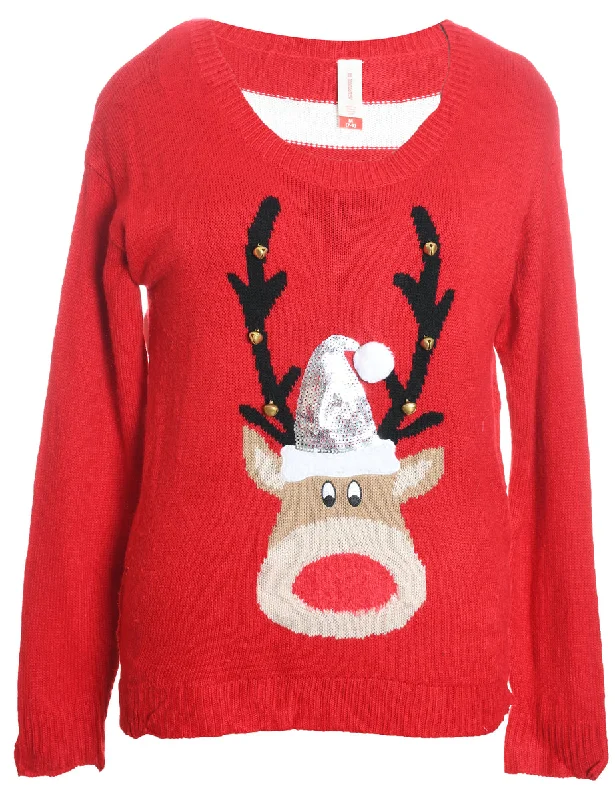 Reindeer Design Red Knit Christmas Jumper - M Casual Formal Business