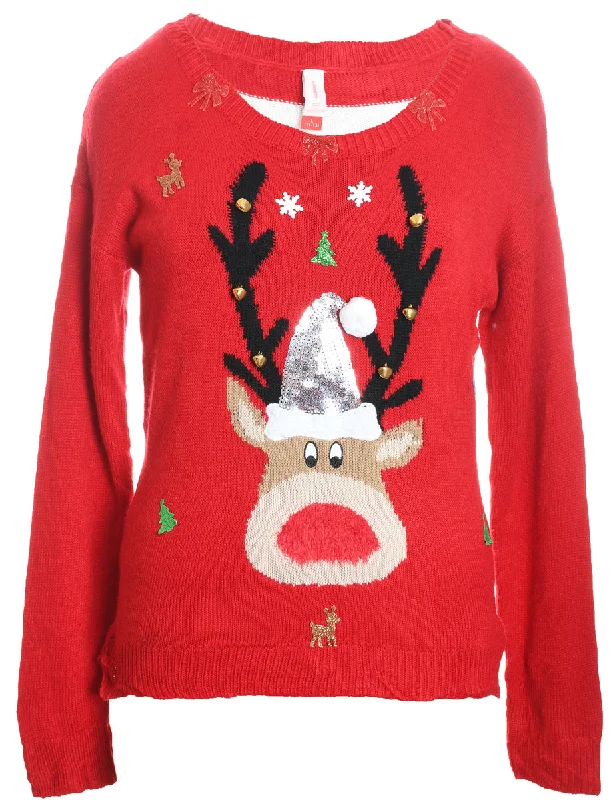 Reindeer Design Red & White Knit Christmas Jumper - L Knit Fabric Woven Fabric Fleece Fabric