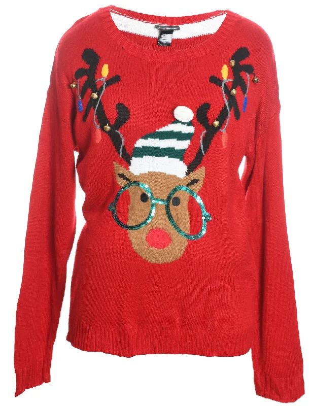 Reindeer Design Red & White Knit Christmas Jumper - XL Toggled Drawstring Belted