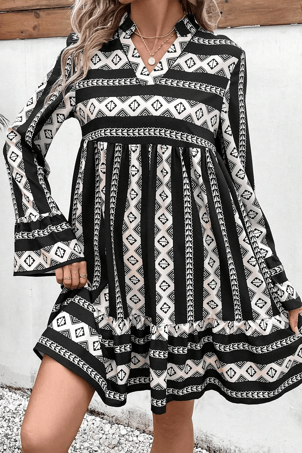 Ruffle Hem Notched Flare Sleeve Dress