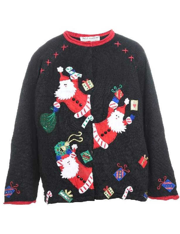 Santa Claus Design Black Appliqued Christmas Jumper - M Boxy Sweater Fitted Sweater A-Line