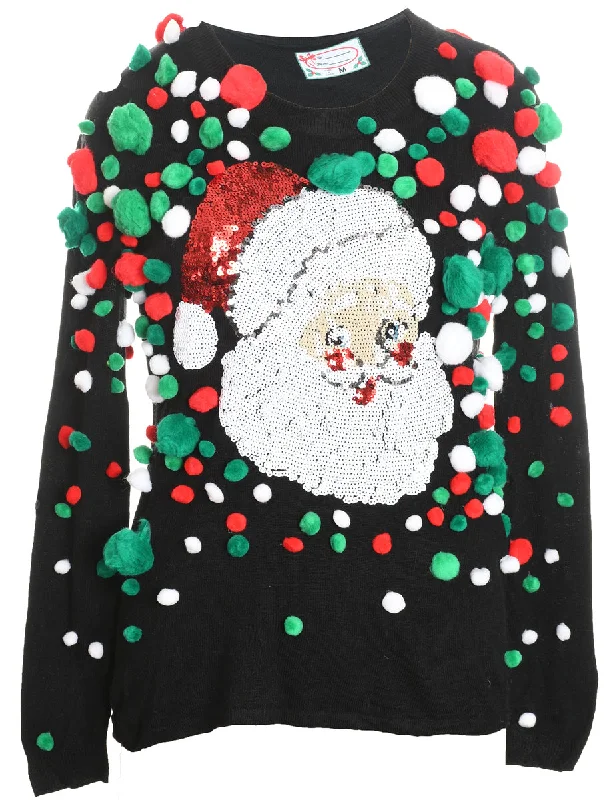 Santa Claus Design Black, Green & Red Sequined Christmas Jumper - M Fleece Fabric Down Fabric Feather Fabric