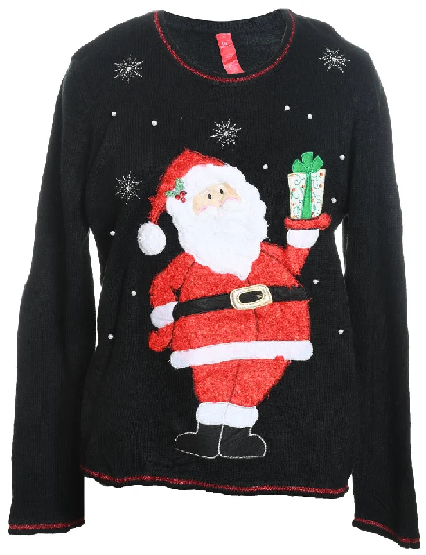 Santa Claus Design Black & Red Christmas Jumper - L Thin Thick Dense
