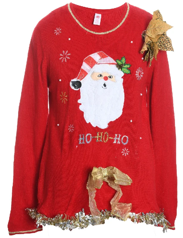 Santa Claus Design Embroidered Knit Christmas Jumper - L Glossy Satin Silk