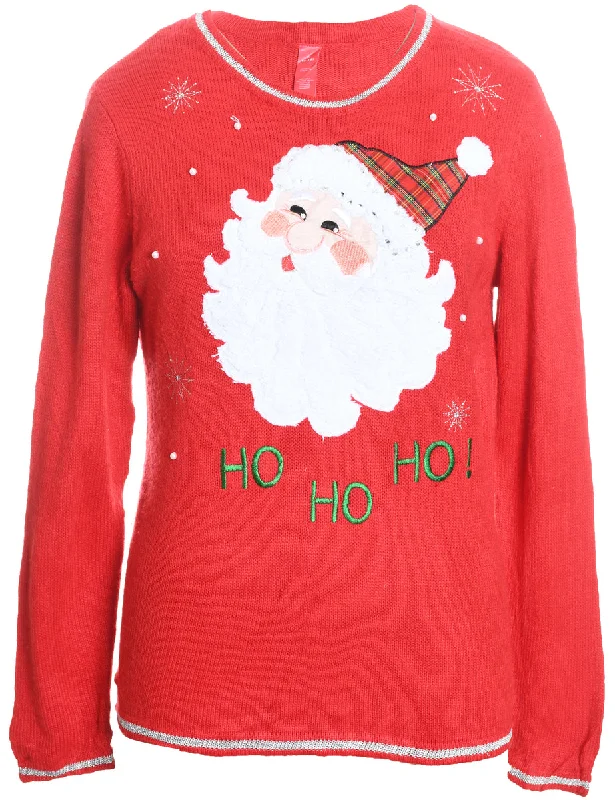 Santa Claus Design Embroidered Red Christmas Jumper - M Spandex Rayon Corduroy
