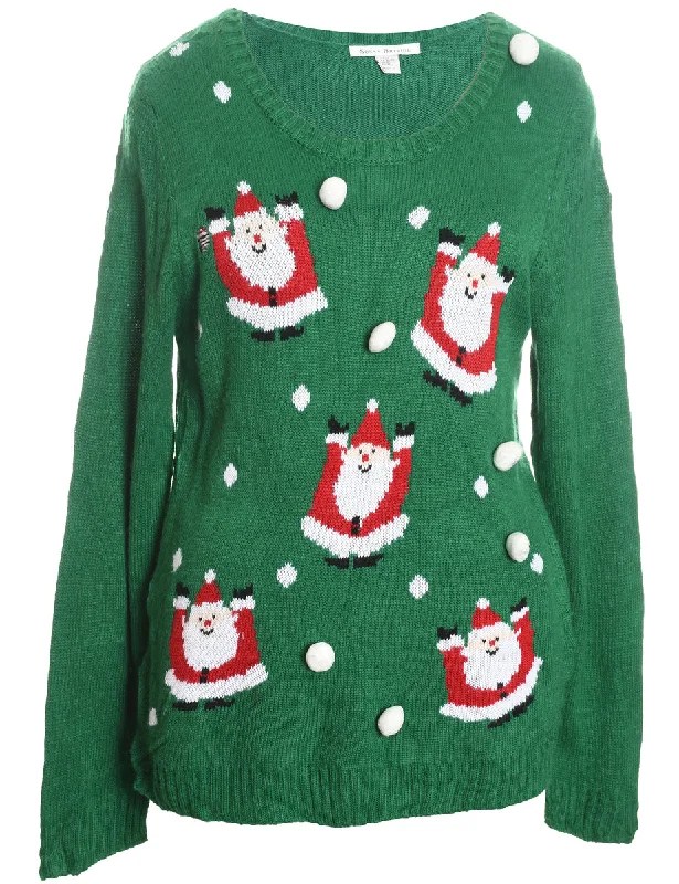 Santa Claus Design Green Knit Christmas Jumper - XL Faux Fur Fabric Real Fur Fabric Shearling Fabric