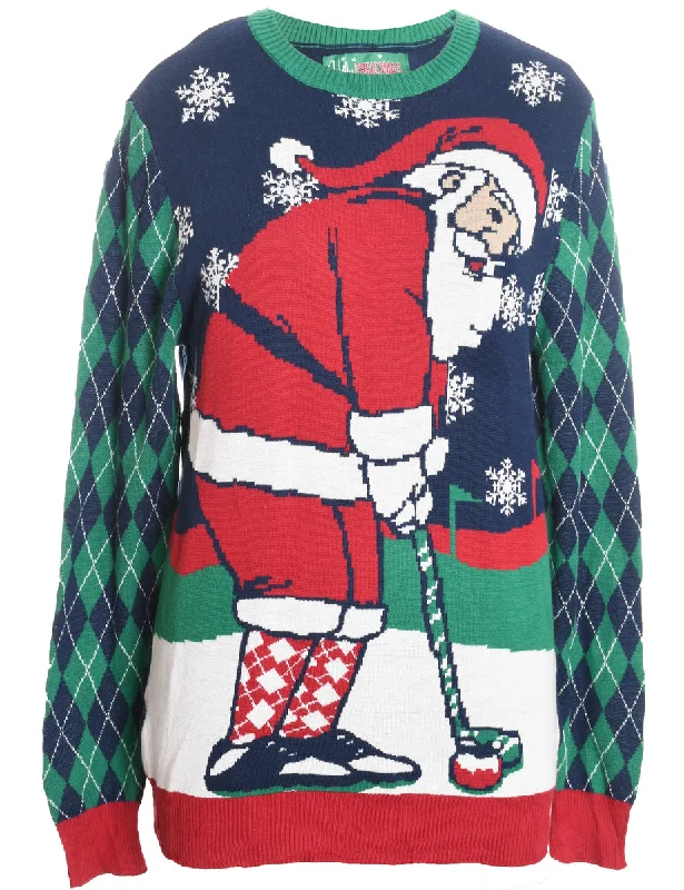 Santa Claus Design Navy & Green Argyle Knit Christmas Jumper - S Boxy Sweater Fitted Sweater A-Line