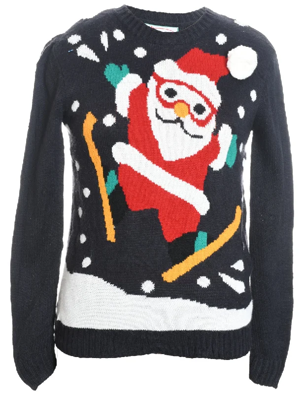 Santa Claus Design Navy Knit Christmas Jumper - M Glossy Satin Silk