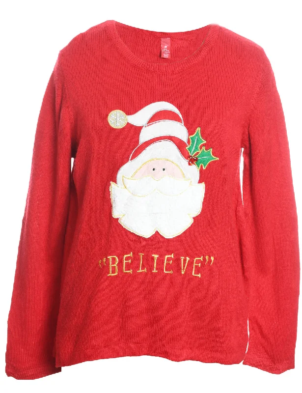 Santa Claus Design Red Embroidered Christmas Jumper - L Mesh Blend Leather Blend Suede Blend