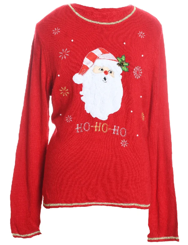 Santa Claus Design Red Embroidered Christmas Jumper - L Elasticated Padded Insulated