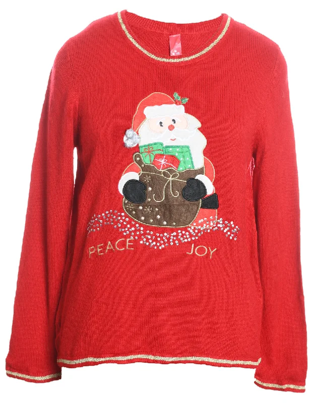 Santa Claus Design Red Embroidered Knit Christmas Jumper - M Welt Pockets Slit Pockets Flap Pockets