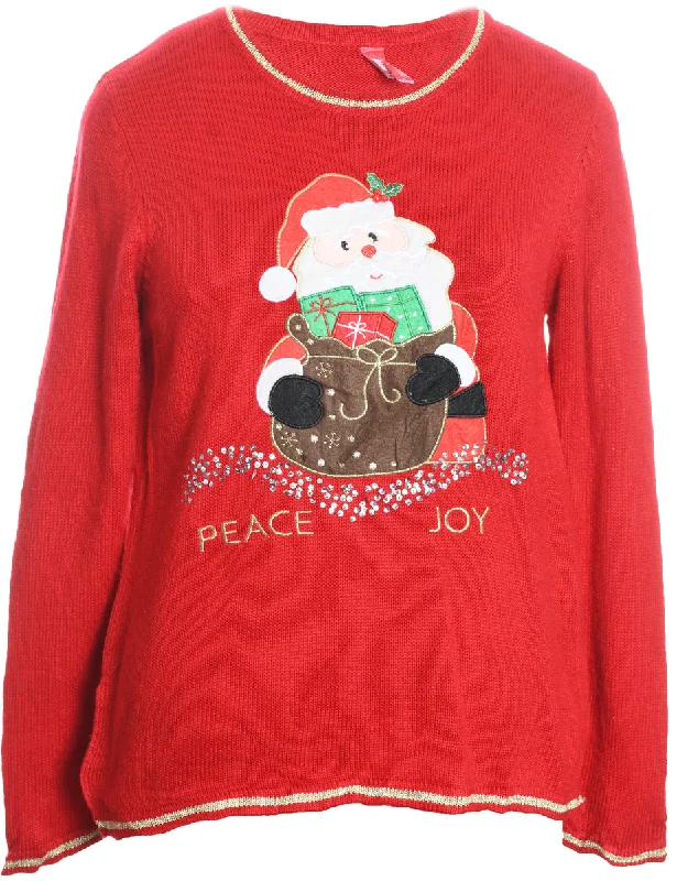 Santa Claus Design Red Embroidered Knit Christmas Jumper - M Polka Dot Checkered Tartan