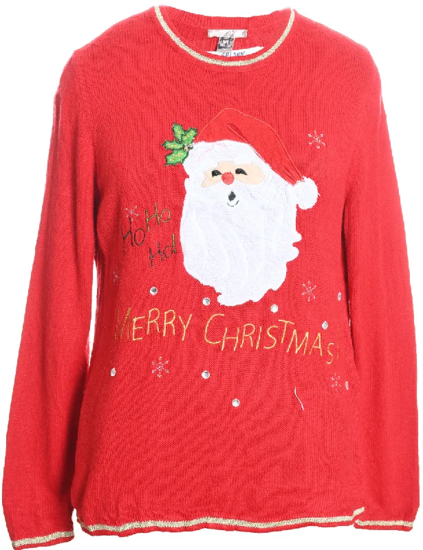 Santa Claus Design Red Embroidered Knit Christmas Jumper - XL Wool Fabric Cashmere Fabric Tweed Fabric