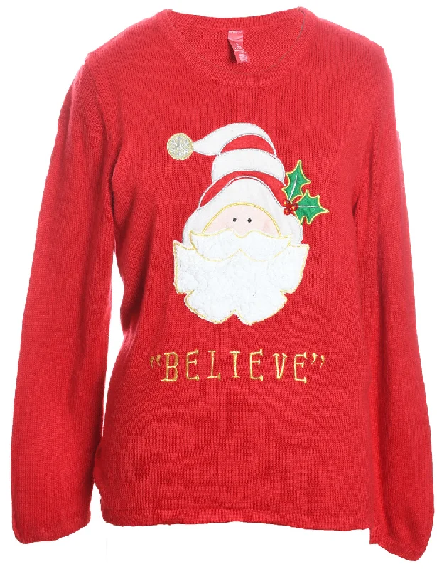 Santa Claus Design Red Knit Christmas Jumper - L Spandex Blend Rayon Blend Denim Blend