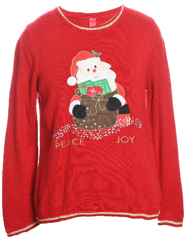 Santa Claus Design Red Knit Christmas Jumper - M Notch Collar Peter Pan Collar Cowl Neck