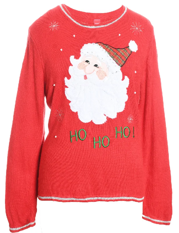 Santa Claus Design Red Knit Christmas Jumper - XL Real Fur Shearling Chenille